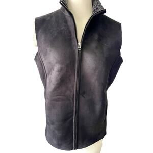 Lands End Faux Suede Black Fleece Vest Full Zip Womens Size 6-8